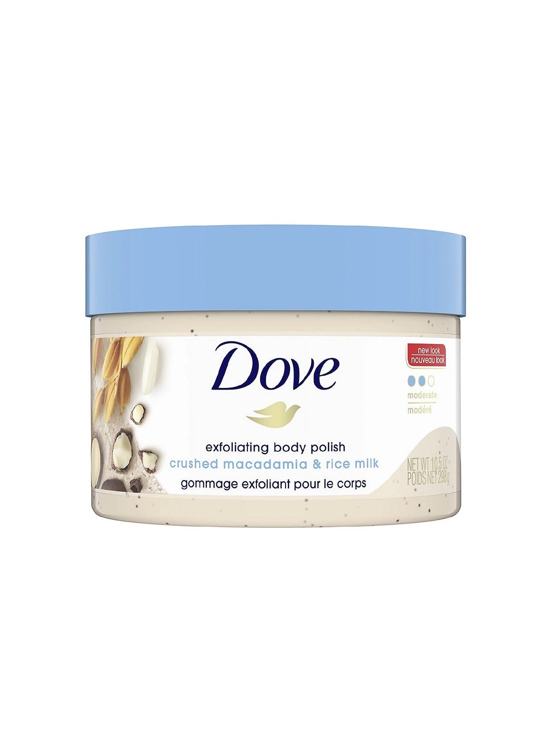 DOVE EXFOLIATING BODY POLISH SCRUB 10.5OZ, 298G, CRUSHED MACADAMIA & RICE MILK, REVEAL VISIBLY SMOOTHER SKIN MACADAMIA & RICE MILK BODY SCRUB THAT NOURISHES SKIN