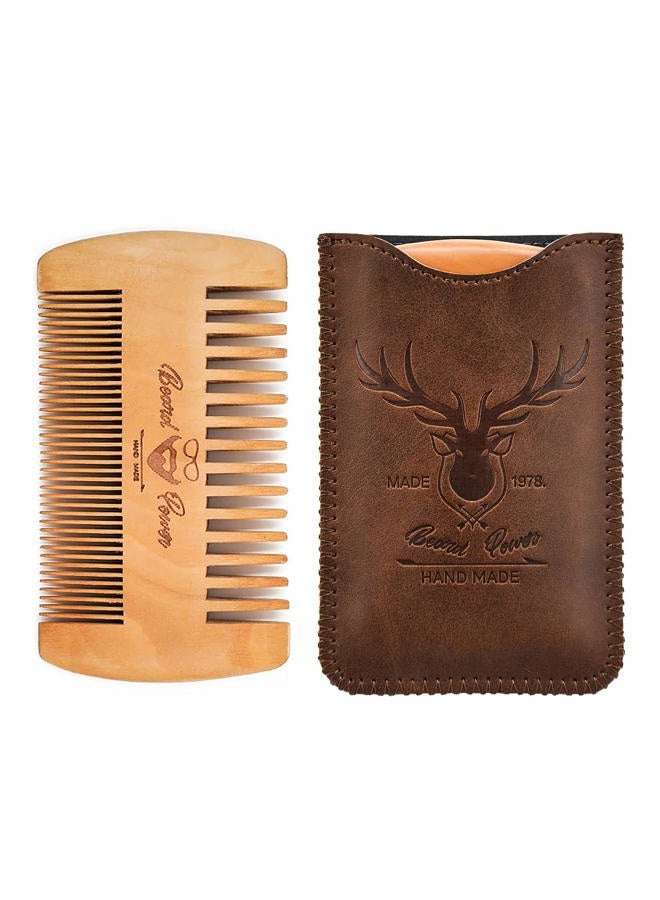 Menesia Wooden Comb with Durable Case - Fine & Coarse Teeth, Pocket Comb for Beards, Mustaches & Hair, Brown Deer Design