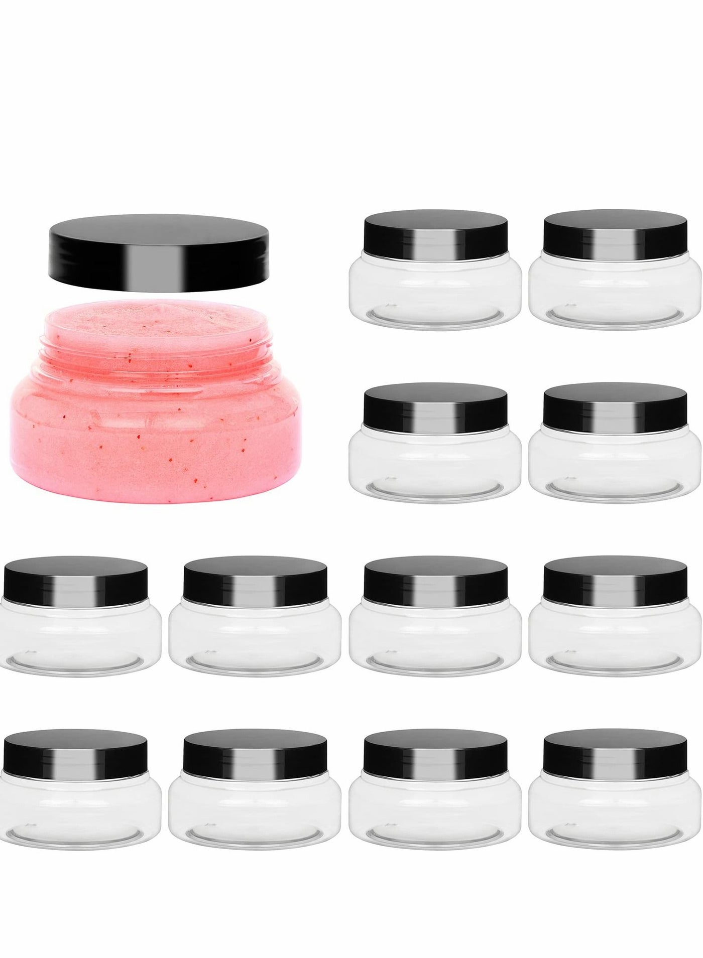 5 oz Plastic Jars with Lids and Labels Clear Refillable Round Plastic Containers Empty Cosmetic Containers for Creams, Lotions, Body Scrub, Body Butter (12 Pack)