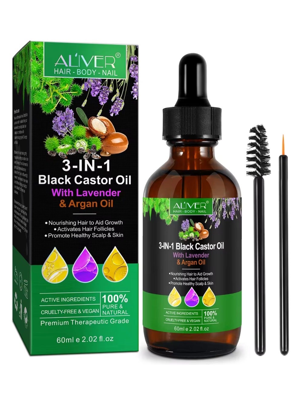 3 In 1 Black Castor Oil with Lavender & Argan Oil for Hair Care Hair Conditioner Oil for Thin Hair Repair Damaged Hair Nourishes Thin Hair Scalp Skin and Loss Hair Growth Fit for All Hair Types 60ml