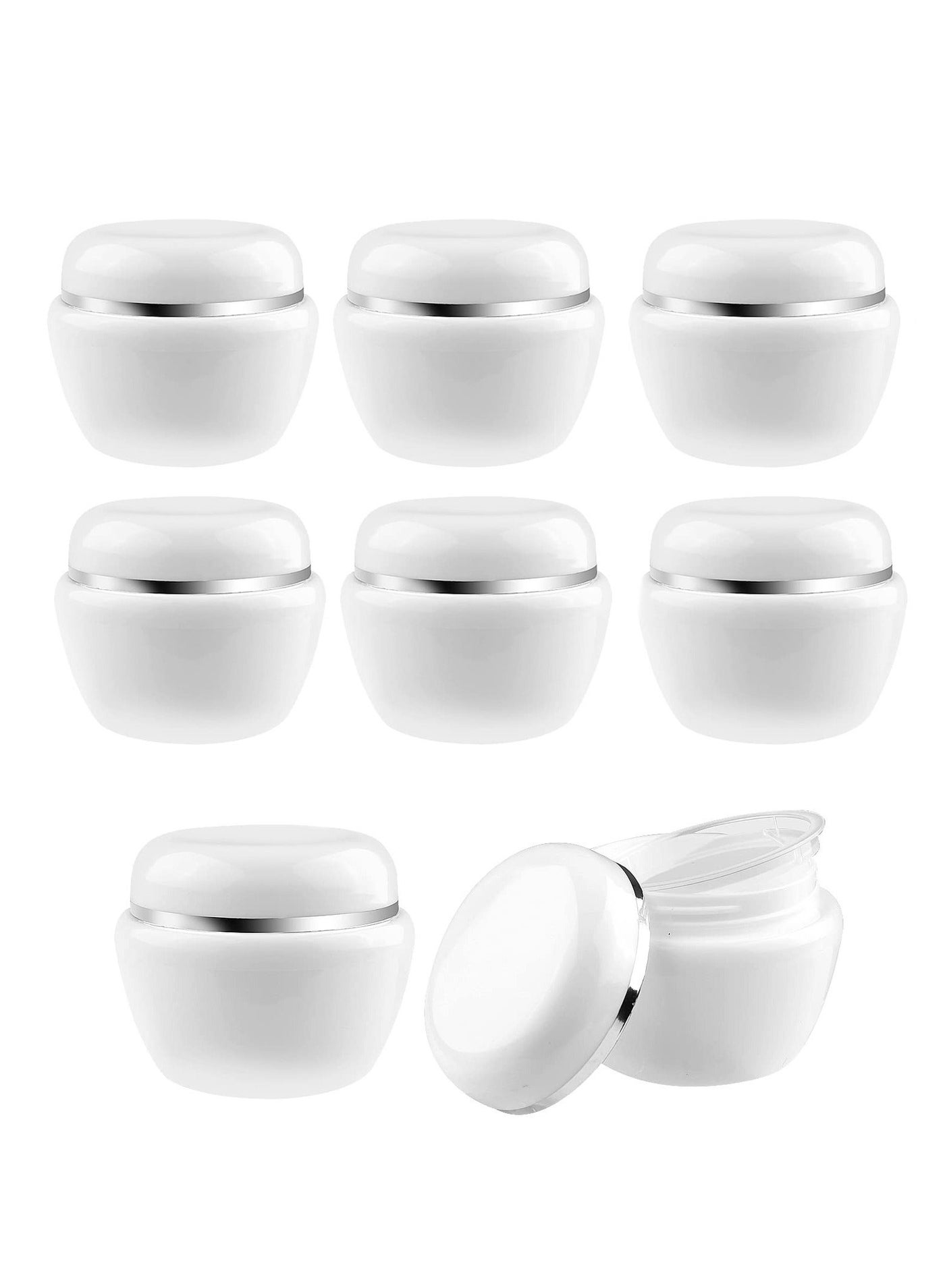 Cosmetic Sample Jars, Refillable 50ml/50g White Plastic Travel Pot Containers with Silver Dome Lids and Inner Liners for Makeup Creams Beauty Nails Jewelry 8Pcs