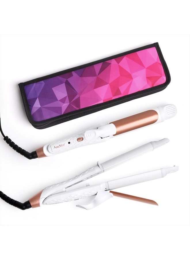 Travel Curling Iron, 2 in 1 Mini Flat Iron Travel Hair Straightener, Dual Voltage, 1 inch, Carry Bag Included, A Valentines Day Gifts for Her (White)