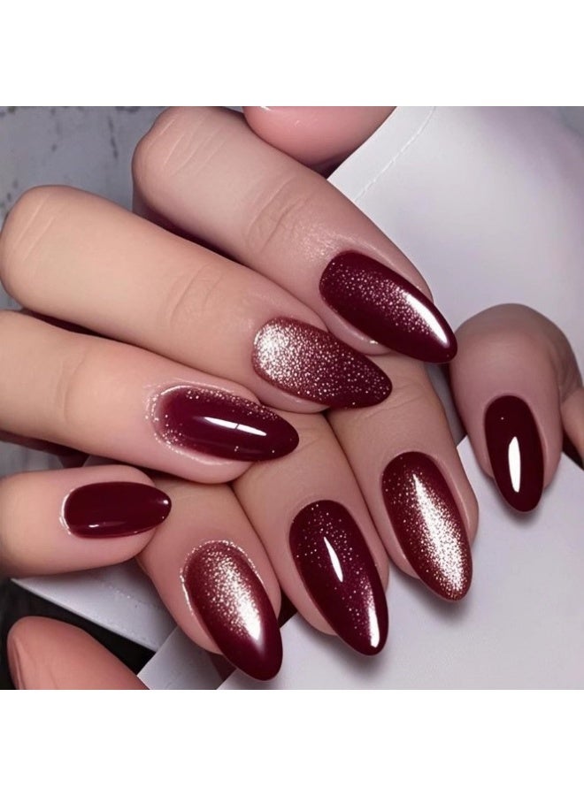 Burgundy Gold Glitter Press On Nails | Luxury Gradient Mirror Shine | Eco-Friendly ABS Nail Kit | Quick Apply in One Minute | Waterproof, Durable, and Reusable | Natural Fit and Damage-Free Removal