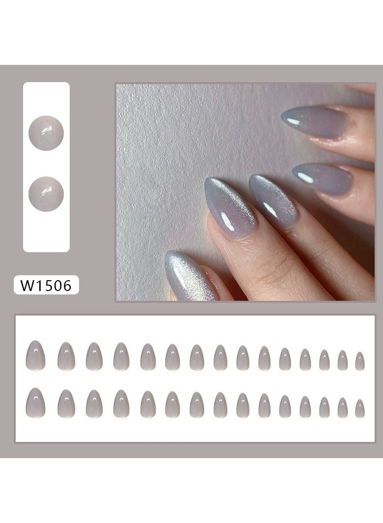30PCS Grey Cat Eye Press On Nails – Solid Almond Shaped Reusable Fake Nail Tips, Minimalist Style