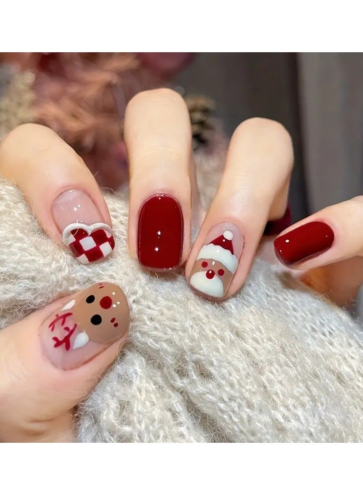 24PCS Square Coffin Red Press On Nails Short, Checkerboard Snowman Elk Medium Length Fake Nails, Reusable False Nails Kit For Women