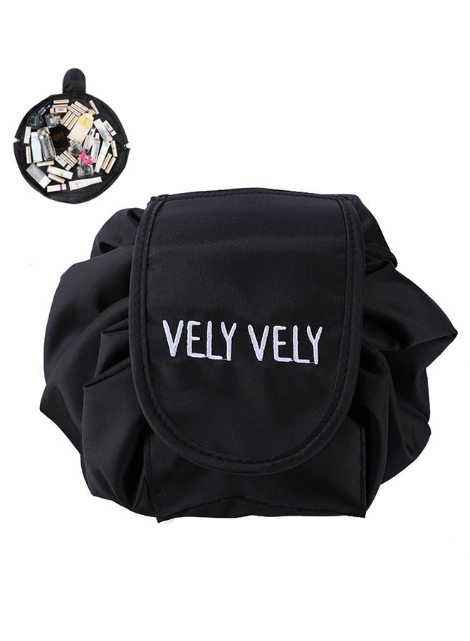Lazy Drawstring Makeup Bags, Cosmetic Drawstring Bag, Large Capacity Waterproof Travel Portable Cosmetic Bag Pouch Makeup Pouch Storage Organiser for Women Girl (Black)