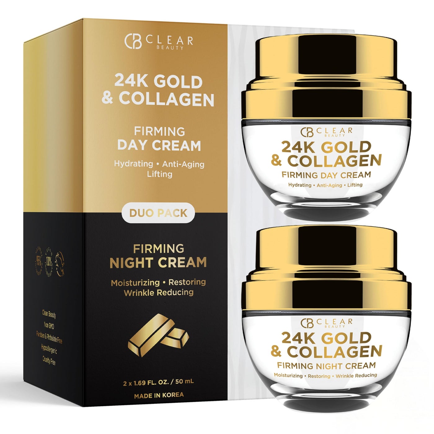 Clear Beauty 24K Gold & Collagen Day/Night Moisturizer Set - Dermatologist Tested, Hydrating, Anti-Aging Cream, Natural Ingredients, Cruelty Free Korean Skin Care, All Skin Types - Value Pack