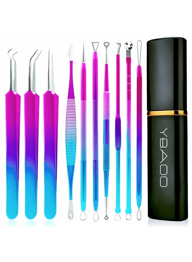 Blackhead Remover Extractor Tool, Ybaoo 10 Pcs Professional Pimple Popper Tool Kit with Metal Case for Quick and Easy Removal of Blackheads,Pimples,Zit Removing,Facial and Nose(Colorful)