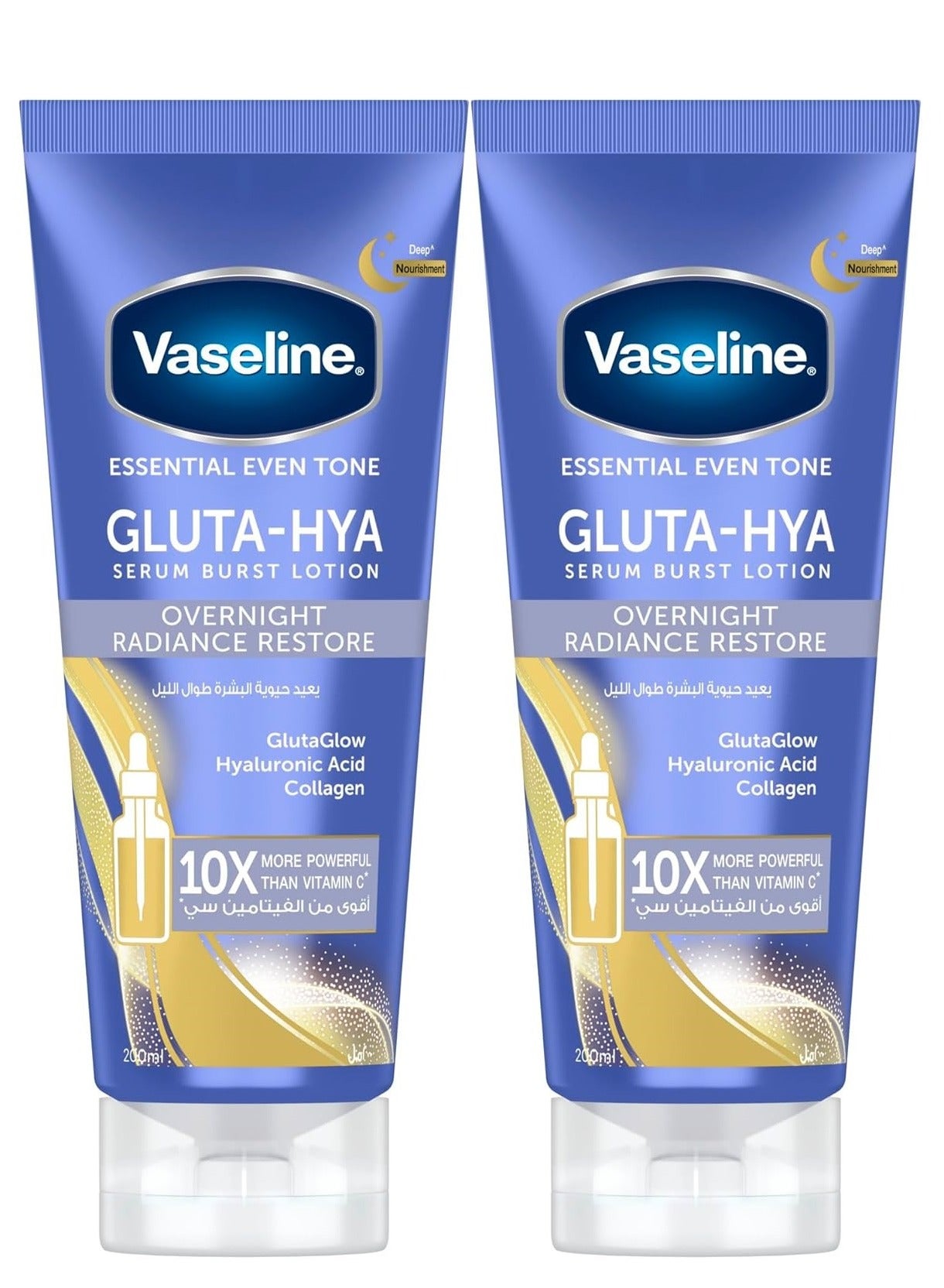 Essential Even Tone Body Lotion Overnight Radiance Restore, with GlutaGlow Technology, Hyaluronic Acid and Collagen, 200 ml Pack of 2
