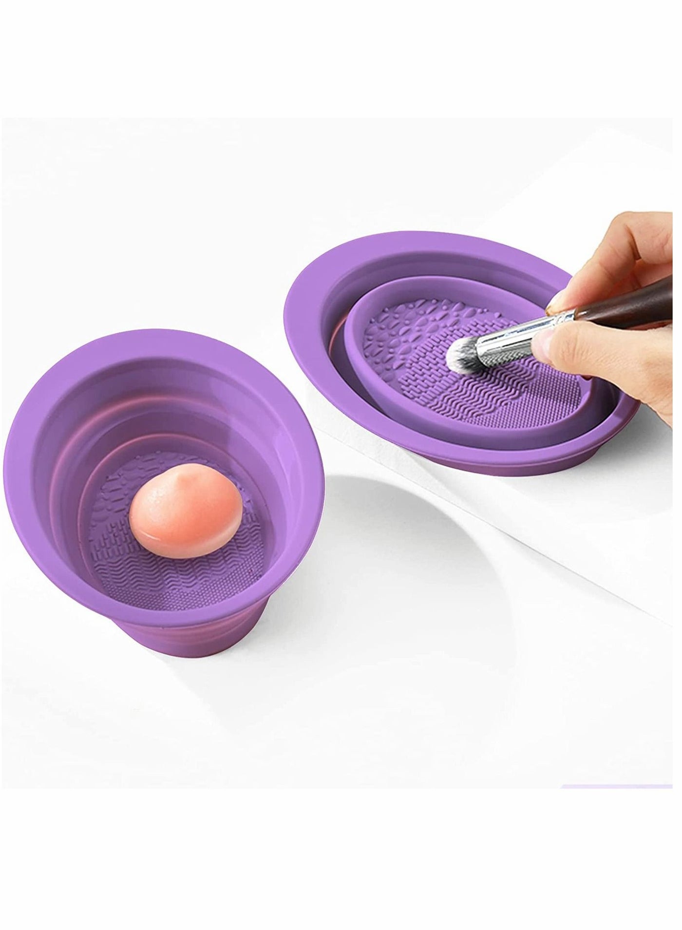 Silicone Makeup Brush Cleaning Mat, Cosmetic Brush Cleaner, Brush Cleaning Pad, Foldable Makeup Brush Cleaning Bowl, Suitable for Makeup Brush, Makeup Sponge, Powder Puff (2 Pcs Purple)