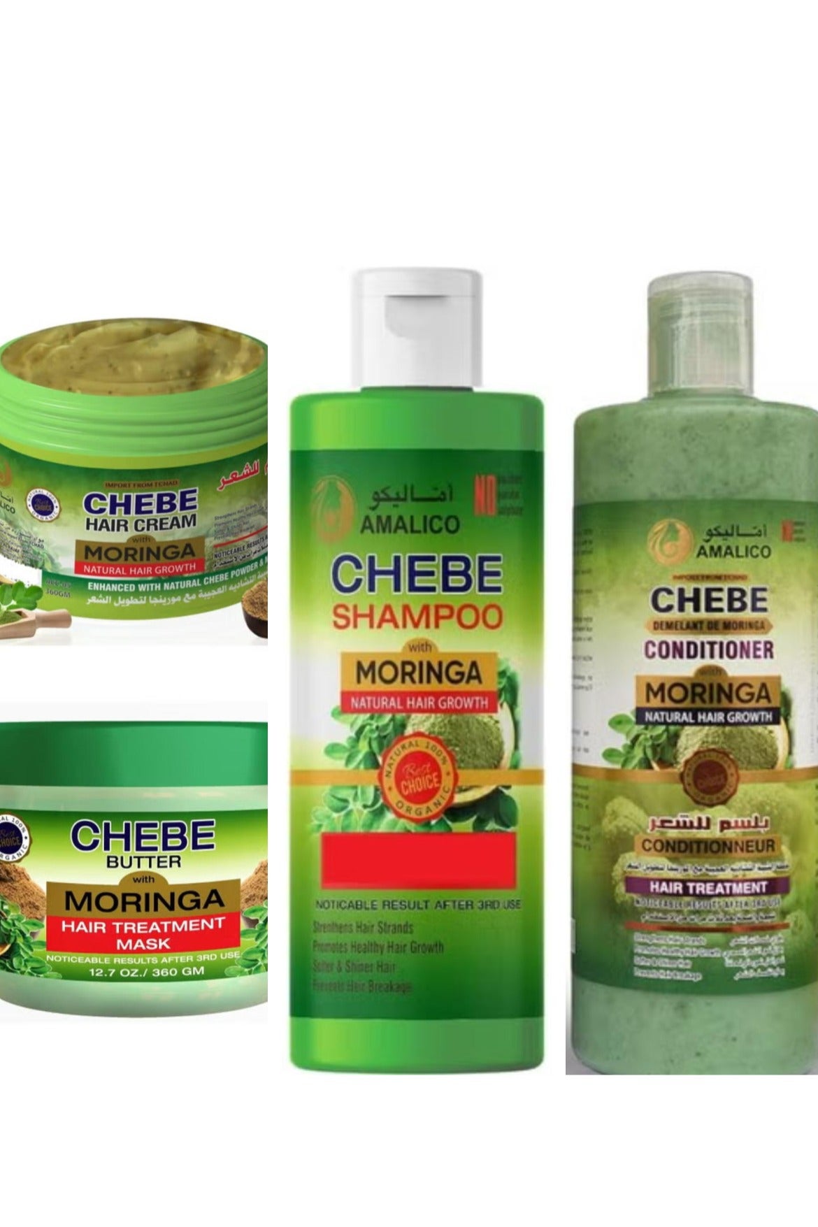 Set Of 4 Pcs Moringa With Chebe Powder For Hair Growth Conditioner 500 ml + Hair Shampoo 500 ml +  Hair Traitment Mask 360 g+ Leave-in Hair Cream 360 g