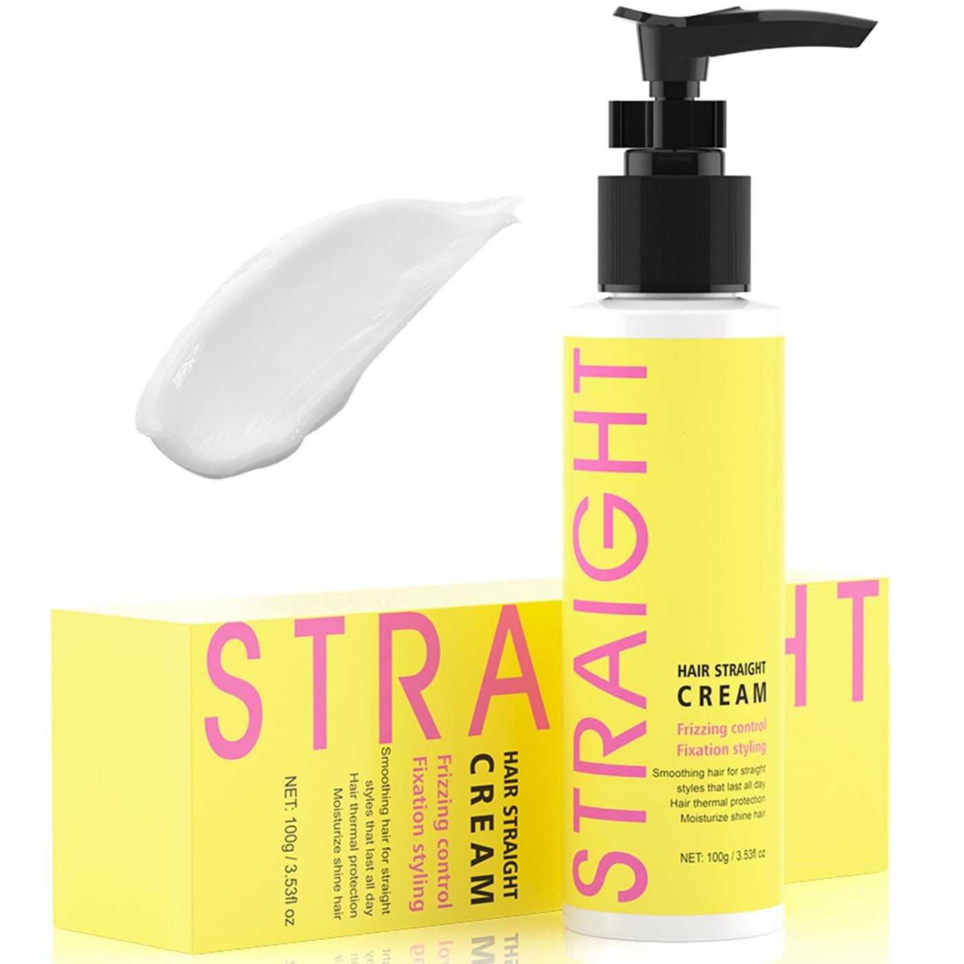 gowwim Hair Straightener Cream, 72h Long-Lasting Frizz Control Heat Protection up to 230Â°c (450â„‰) Plant Extracts Nourishing Smoothing Straightening Cream for Frizzy & Curly Hair 100g/3.53 Fl Oz