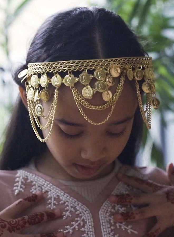 Girls Belly Dance Hair Hoop Indian Gold Plated Dance Headband Tribal Headband with Chain and Coin Ornaments