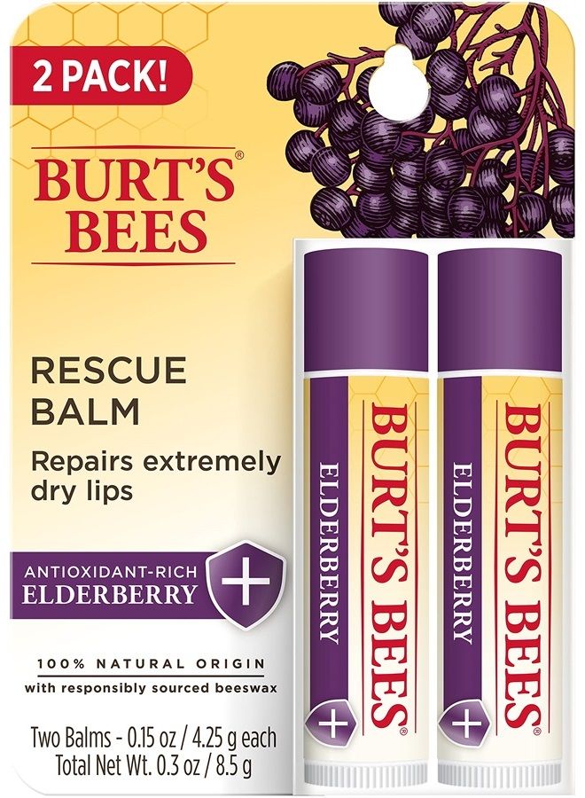 100% Natural Origin Rescue Lip Balm with Beeswax and Antioxidant-Rich Elderberry, 2 Tube in Blister Box, Package May Vary, Purple, 0.15 Oz