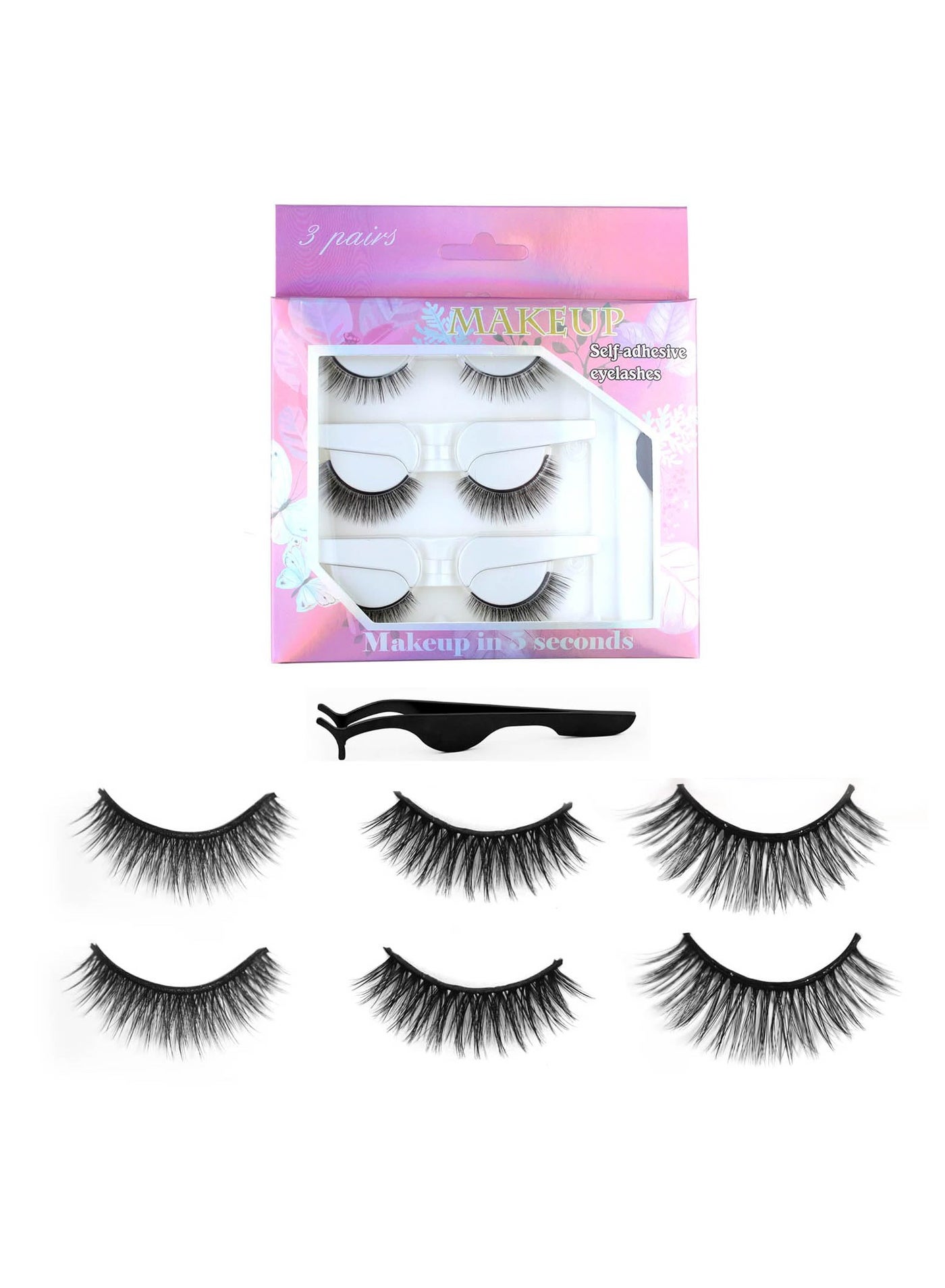 False Eyelashes, 3 Styles Reusable Self Adhesive Eyelashes, No Eyeliner or Glue Needed, Stable False Lashes Natural Look, Stable and Easy to Put On, with Tweezers for Women Girls Gift