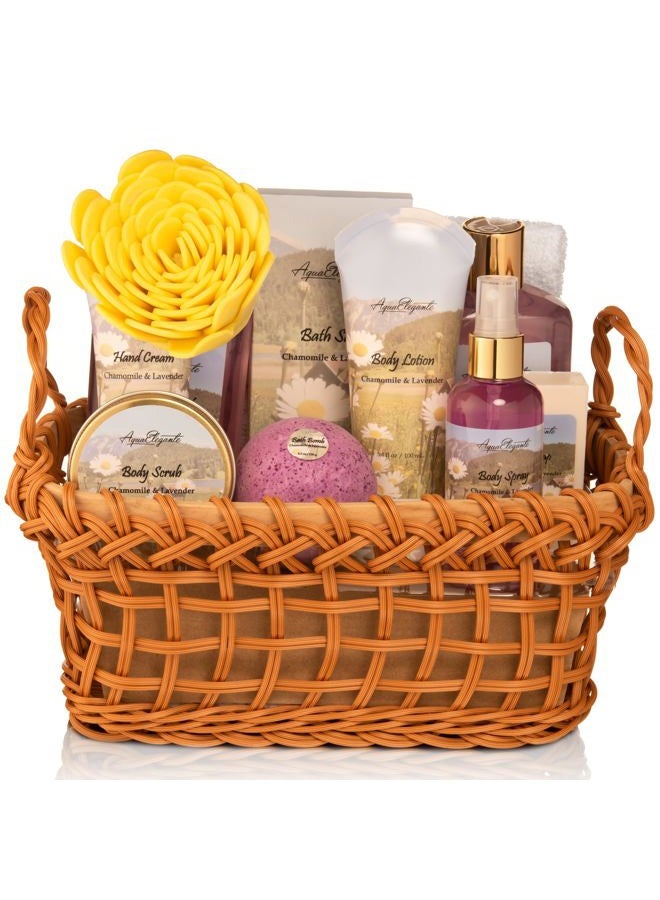 Spa Baskets For Women - Luxury Bath Set With Lavender & Chamomile - Spa Kit Includes Wash, Bubble Bath, Lotion, Bath Salts, Body Scrub, Body Spray, Shower Puff, Bathbombs, Soap and Towel