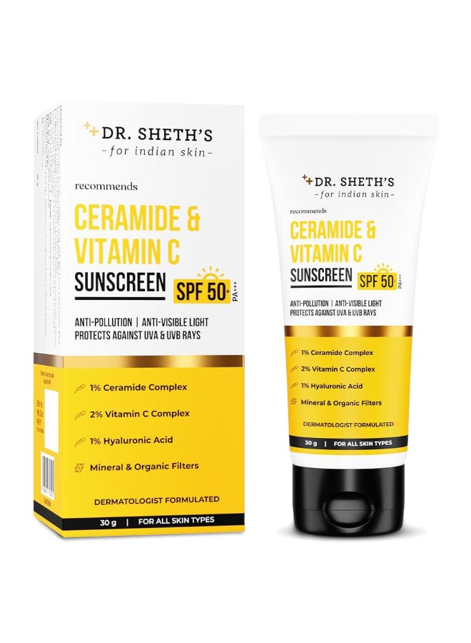 Ceramide And Vitamin C Sunscreen SPF 50+ PA+++|One-step Routine For Healthy And Bright Skin|Non-Sticky|No White Cast INon-Greasy, Quick-Absorbing|For Women And Men|UVA UVB Sun Protection|30g