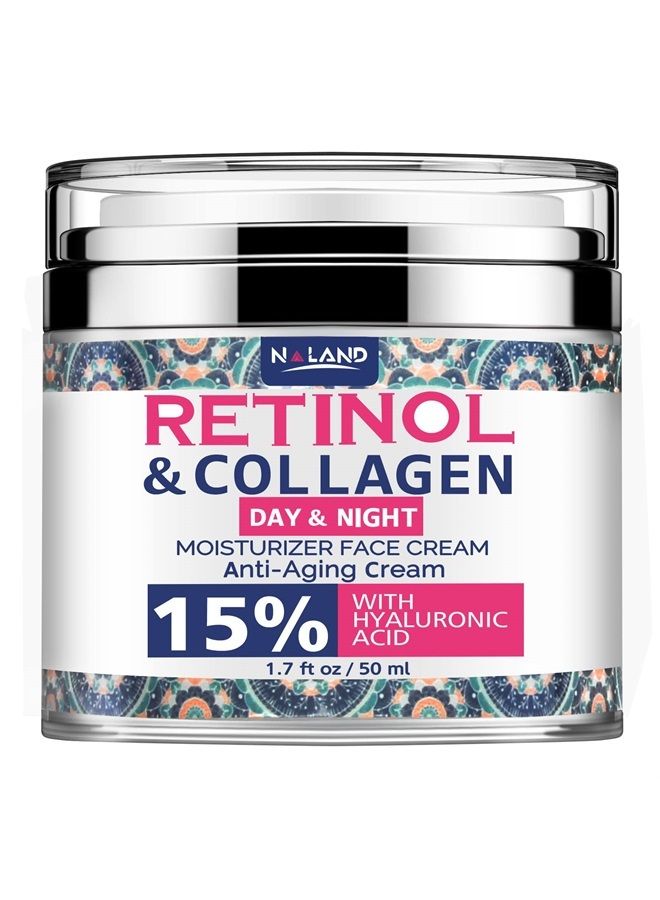 Retinol Cream for Face with Hyaluronic Acid - Collagen Face Moisturizer for Women and Men - Anti Aging Cream for Lifting Skin – For Wrinkles, Fine Lines and Dryness - All Skin Types