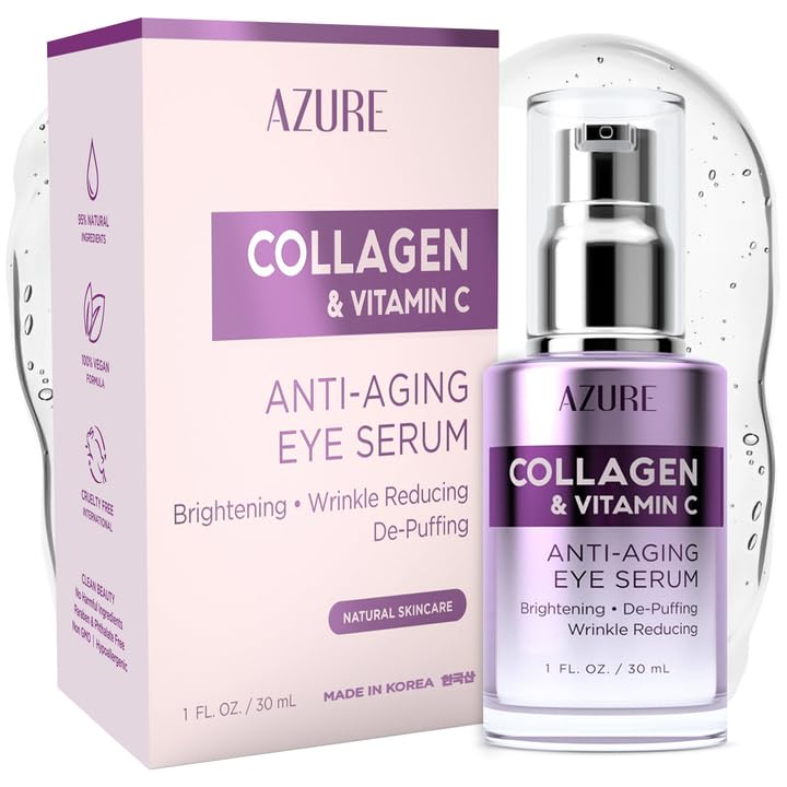 Azure Collagen & Vitamin C Anti Aging Eye Serum - Toning, De-Puffing Serum - Reduces Wrinkles, Fine Lines & Dark Circles - Minimizes Fatigue - Skin Care Made in Korea - 30mL / 1 fl.oz.