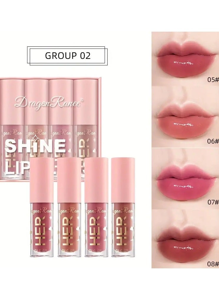 DragonRanee Shine Lip Gloss Set of 4 - Adult Radiant Sheen Lip Color, Long-Lasting & Moisturizing, Diverse Shades, Universal Skin Compatibility, Luminous Sparkle Finish, Easy Application