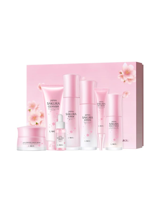 LAIKOU Sakura Skincare Set, Skincare Gift Set, with Cleanser, Toner, Lotion, Serum, Eye Cream, Face Cream, Makeup Primer, for Women Teenage Girls Mom Daughter Birthday Gift