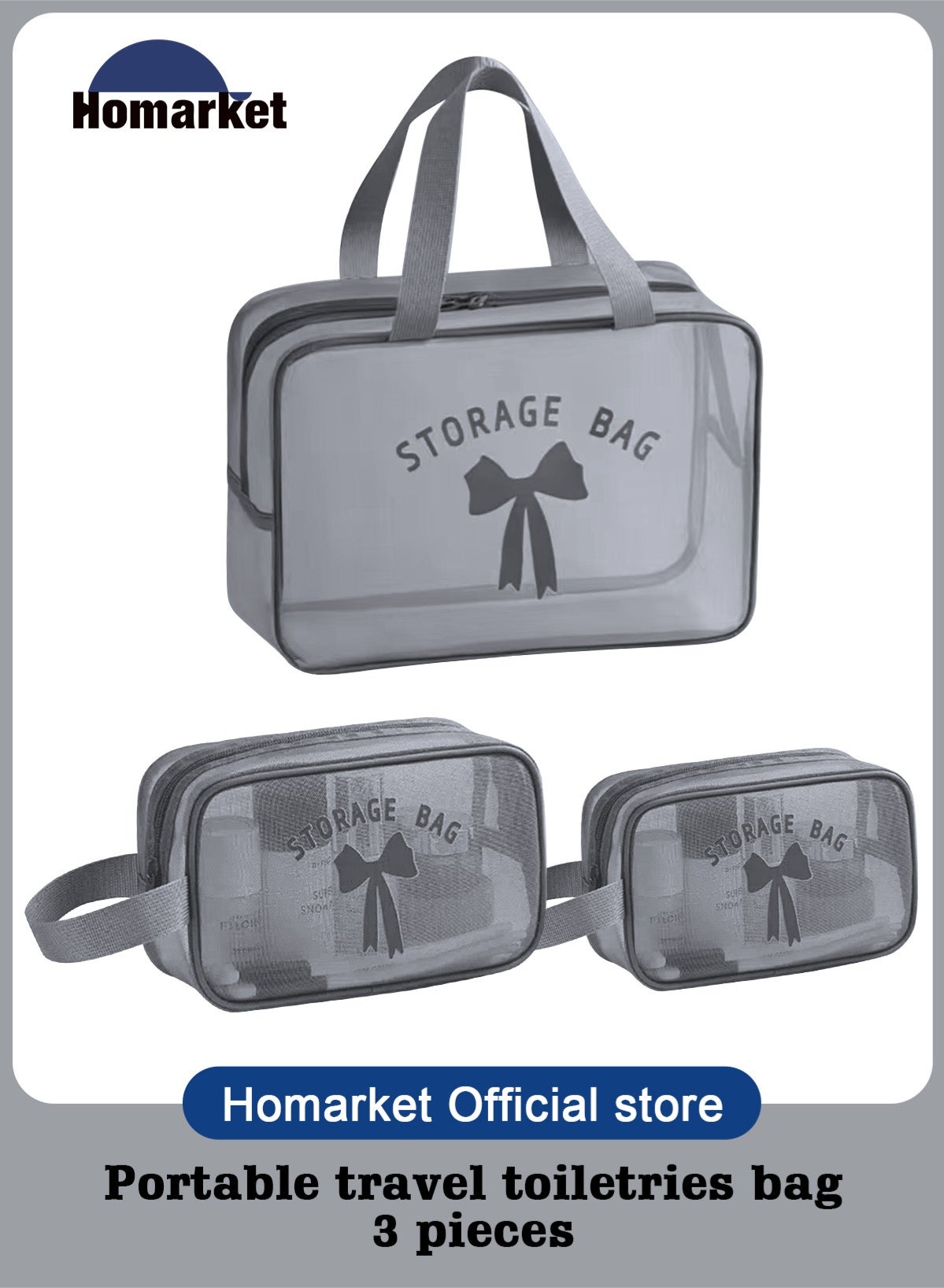 Makeup Bag Set-3PCS Portable Large Capacity Travel Cosmetic Bags Toiletry Bags Makeup Purse Bags with Zipper Storage Pouches for Home Offices Travel Accessories,Mesh Transparent Easy Take&Clean,Grey