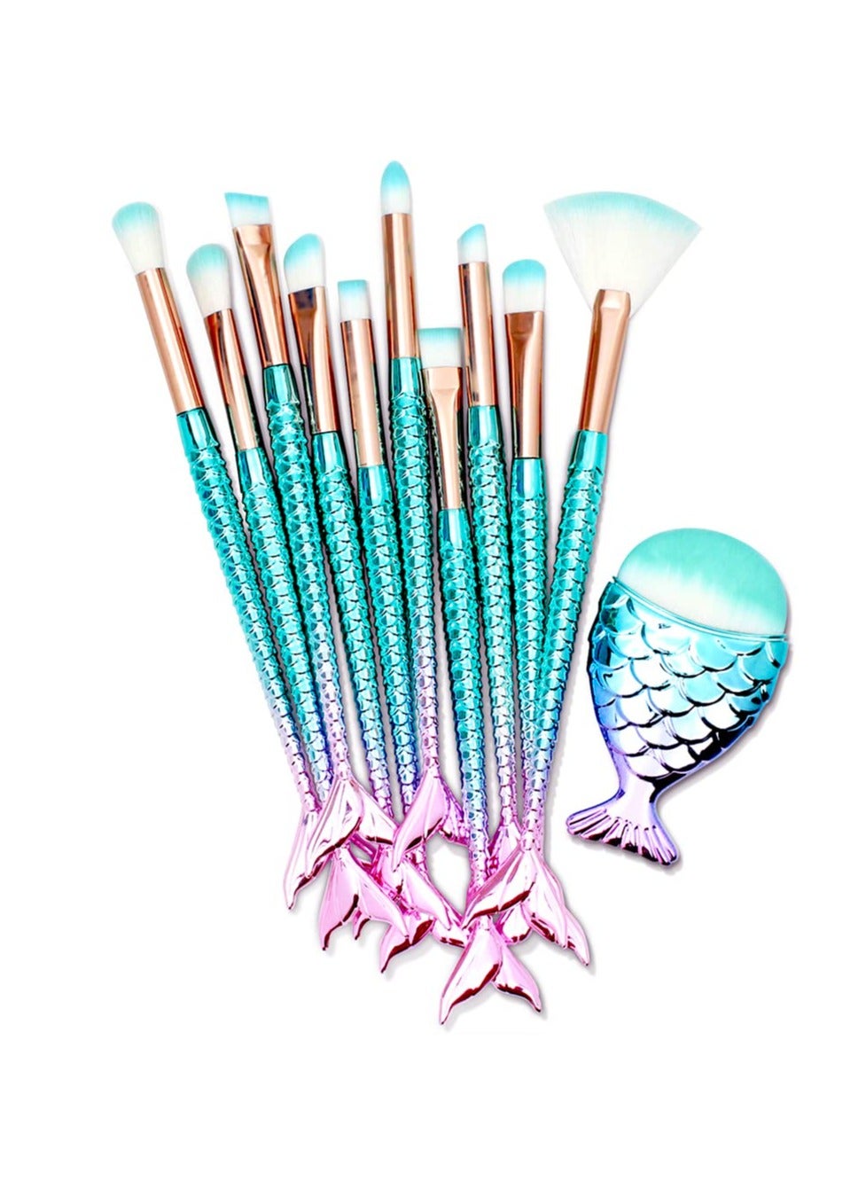 11PCS Makeup Brushes Set with Colorful Fish Tail Handle, Foundation Eyebrow Eyeliner Blush Cosmetic Concealer Brushes Stocking Stuffers for Girls Accessories Stuff Cute Makeup Brushes