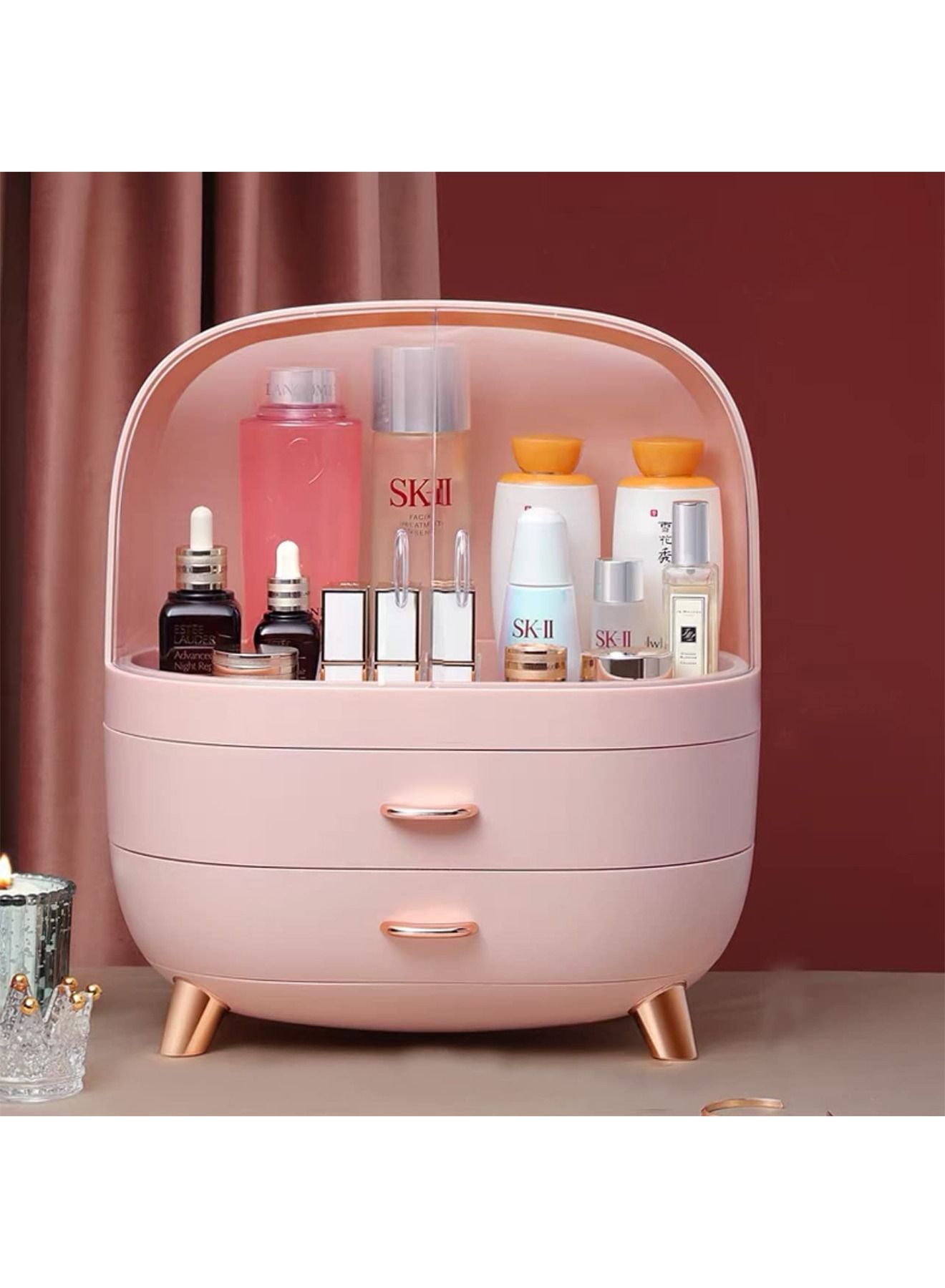 Makeup Cosmetics Organizer Storage Box elegant display rack with drawer Water and dustproof(Pink)