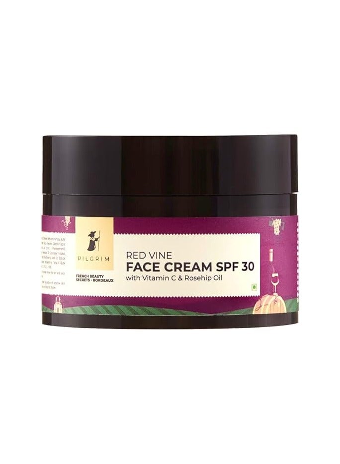 PILGRIM French Red Vine Face Cream with SPF 30 Sunscreen, Rosehip Oil & Vit C For Anti Ageing, Sun Protection PA+++, Daily Use, Dry, Oily, Combination Skin, Men & Women, 50g