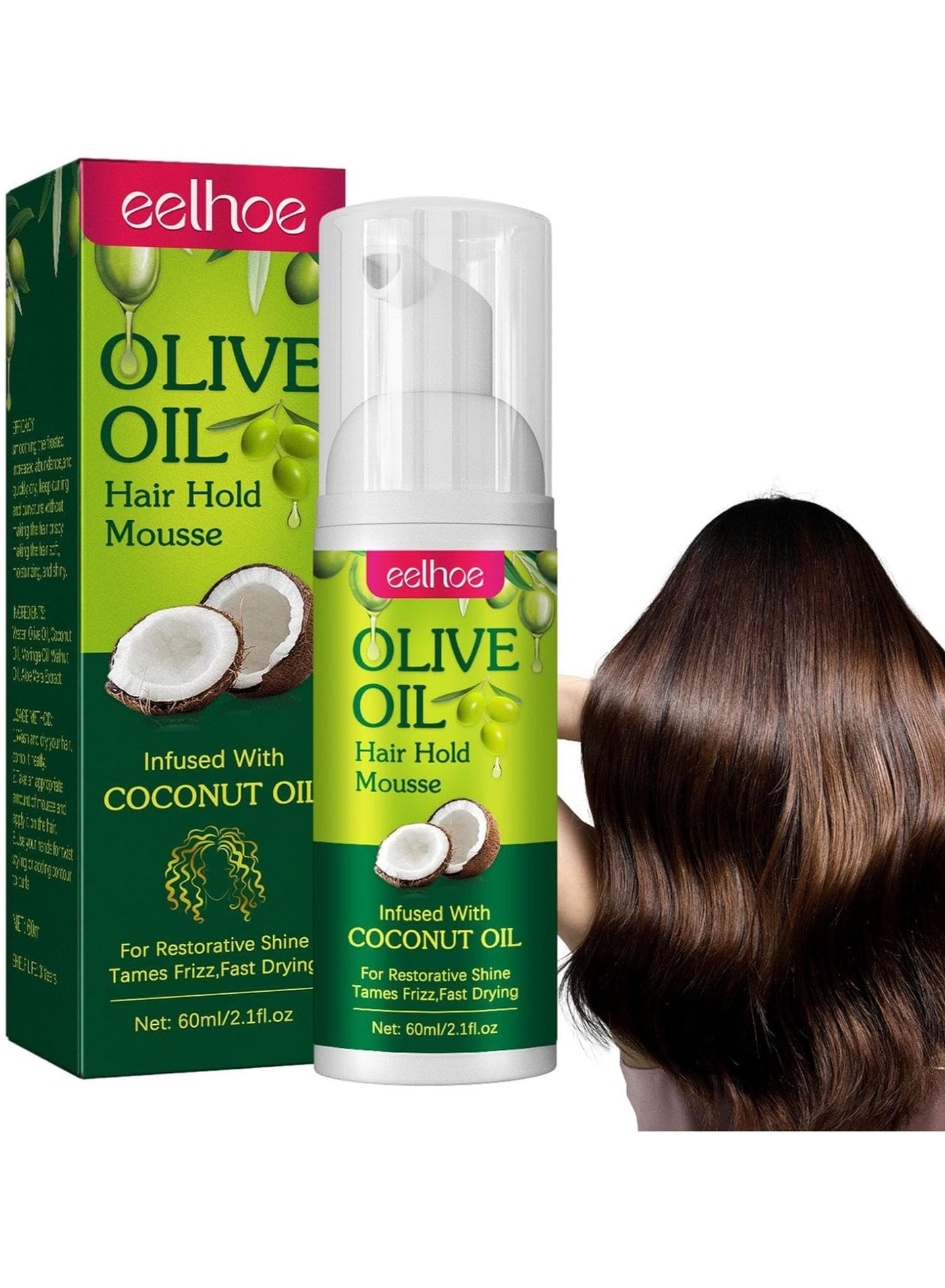 Olive Oil Hair Styling Mousse, Hair Control Mousse with Coconut Oil Non Sticky Moisturizing Nourishing Curl Hair Foam Mousse for Hair Volumizing and Against Frizz for All Kinds Hair 60ml