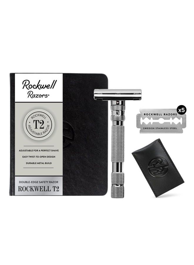 Rockwell T2 | Twist-To-Open (TTO) Double-Edge Safety Razor | Full Metal | Includes 5 Fully Recyclable Stainless Steel Blades (Gunmetal Chrome)
