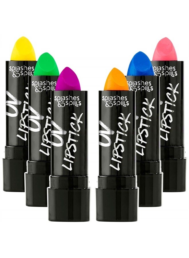 UV Glow Blacklight Lipstick - 6 Color Variety Pack, 3.7g - Day or Night Stage, Clubbing or Costume Makeup by Splashes & Spills