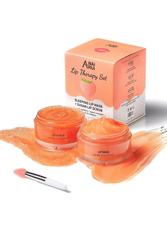 Anairui Lip Balm Mask&Lip Scrub Set Lip Care Kitlip Sleeping Mask Moisturizer And Lip Exfoliator Sugar Scrub Overnight Lip Treatment Repair For Dry Chapped Peel Lips Lip Lines (Peach + Collagen)