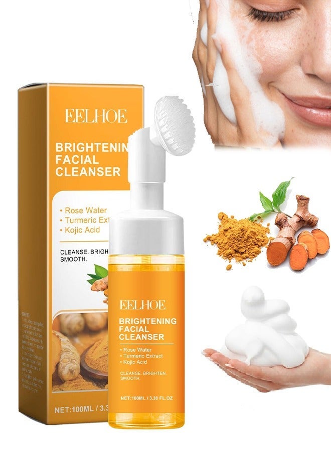 Brightening Facial Cleanser,Turmeric Facial Cleanser, Glow Wash Turmeric Face Wash With Brush, Deep Cleansing Exfoliating for Women All Skin 100ML