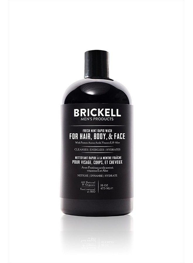 Brickell Men's Rapid Wash, Natural and Organic 3 in 1 Body Wash Gel for Men, 16 Ounce, Fresh Mint Scent