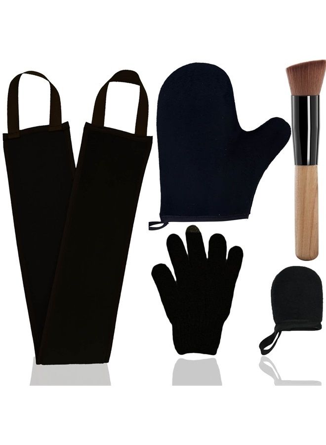 5 Piece Self Tanning Mitt Applicator Set with Self Tan Glove Tanning Back Lotion Applicator Tanning Brush Tan Face Mitt Exfoliating Glove, for Self Sunless Tanning Tan (black)