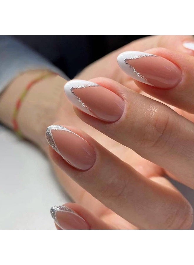 Press On Nails French Silver Glitter Tips Fake Nails Nude Pink Almond Shape 24PCS Reusable ABS Nail Tips Easy Apply Natural Look Durable Break-Resistant Glossy Finish Nail Art Set for Women Wedding Party Daily Wear Non-Fading Comfortable Professional Quality