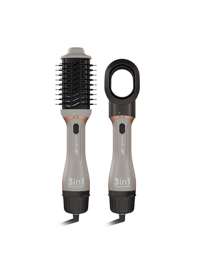 Ikonic 3-in-1 Express Styler, Grey , 1200W Hot Air Brush & Volumizer Blow Dryer for Women, Ceramic Titanium Tourmaline Coating, Innovative Airflow Vents, Mixed Styling Bristles,All Hair Type