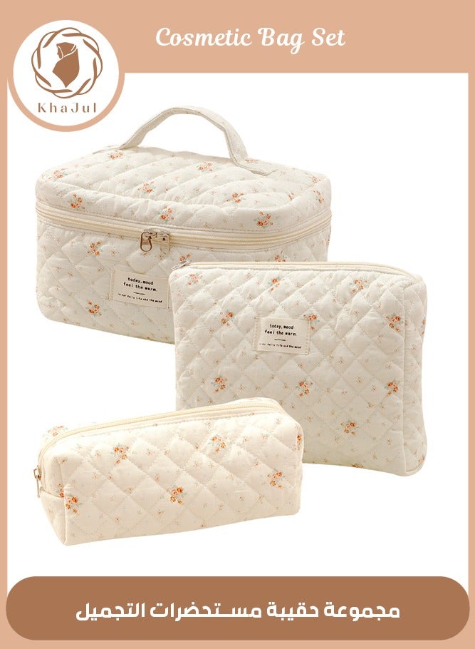 3-Piece Large Quilted Makeup Bag for Women and Girls, Lovely Floral Cotton Cosmetic Bag, Aesthetic Travel Organized Toiletry Bags (Little Red Flower)
