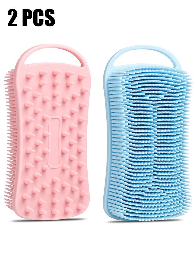 2 Pcs Silicone Body Scrubber, Exfoliating Body Scrubber, Soft Silicone Loofah, 2 in 1 Bath and Shampoo Brush, Cleaning Exfoliating Skin for Sensitive and All Kinds of Skin (Pink + Blue)