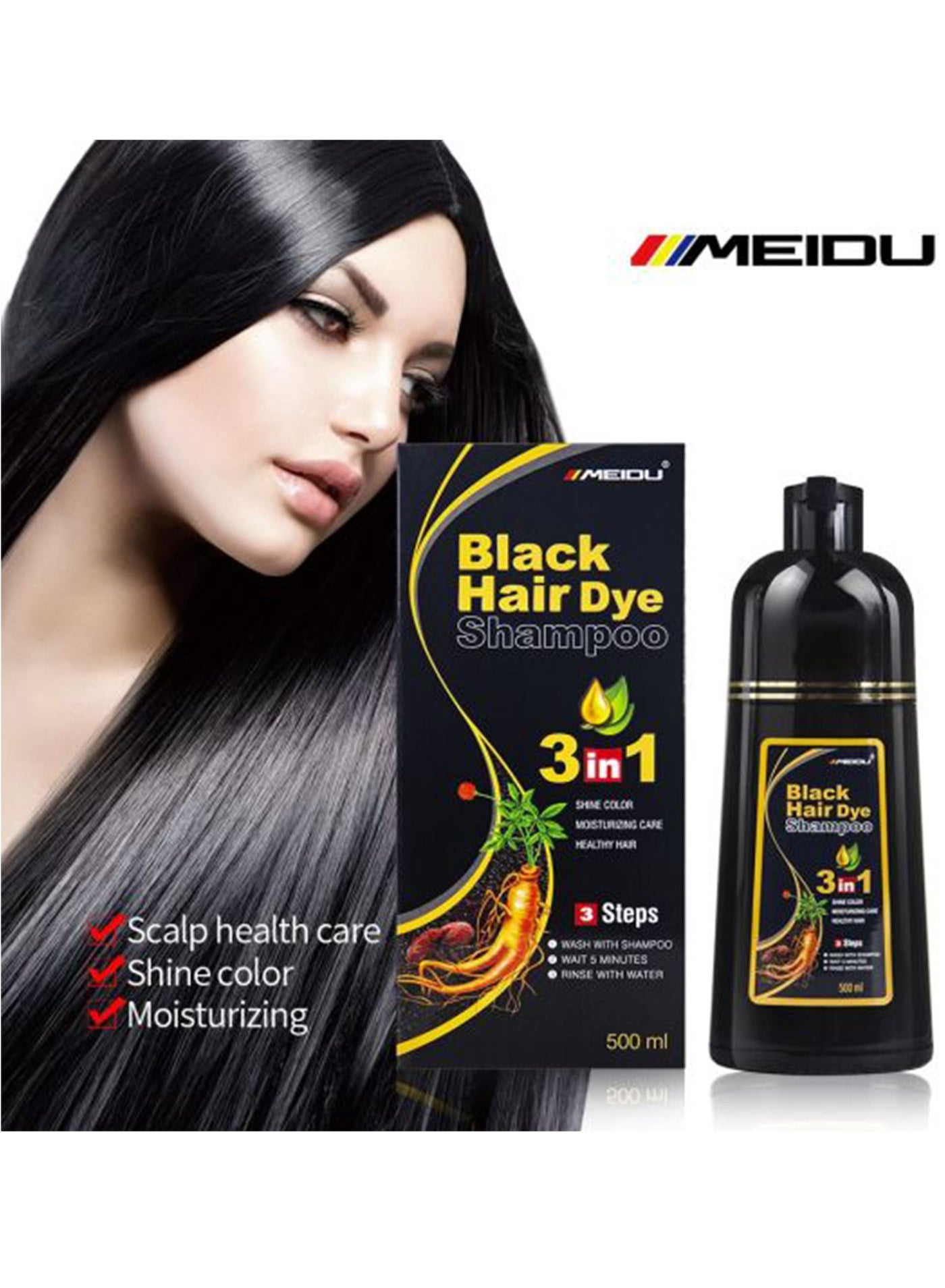 3 In One Permanent Black Hair Dye Shampoo 500 ml