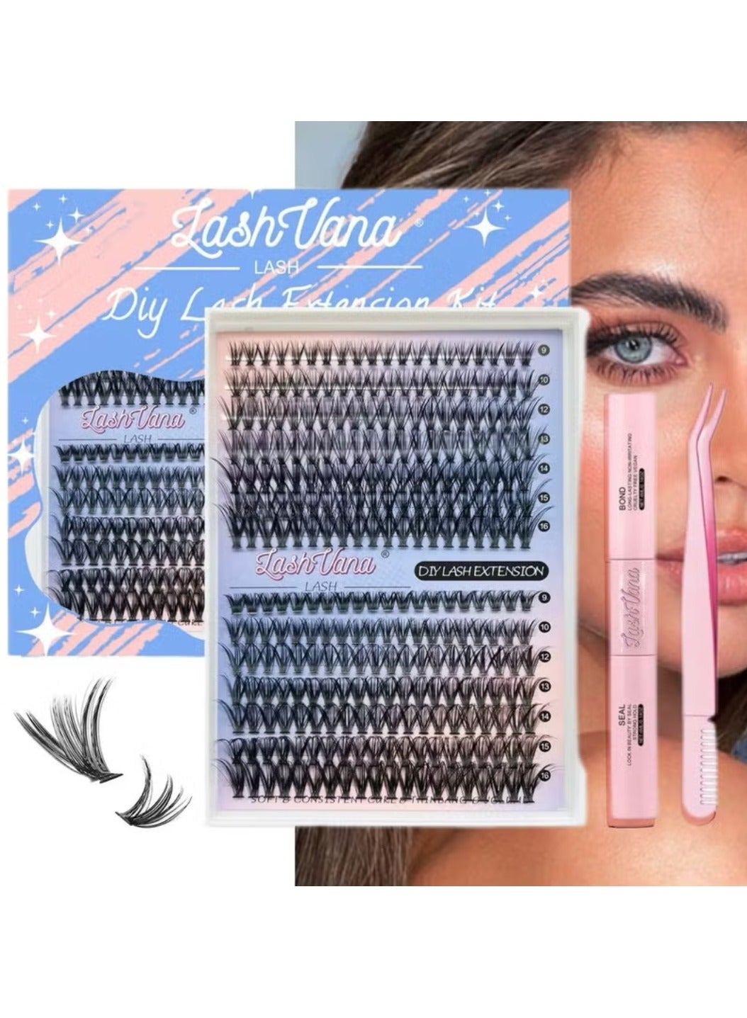 280Pcs Lash Clusters Lash Extension Kit with Bond and Seal Glue and Tweezer 30D 40D DIY Clusters Lashes D Curl Individual Lash Cluster 9-16mm Mixed False Eyelash