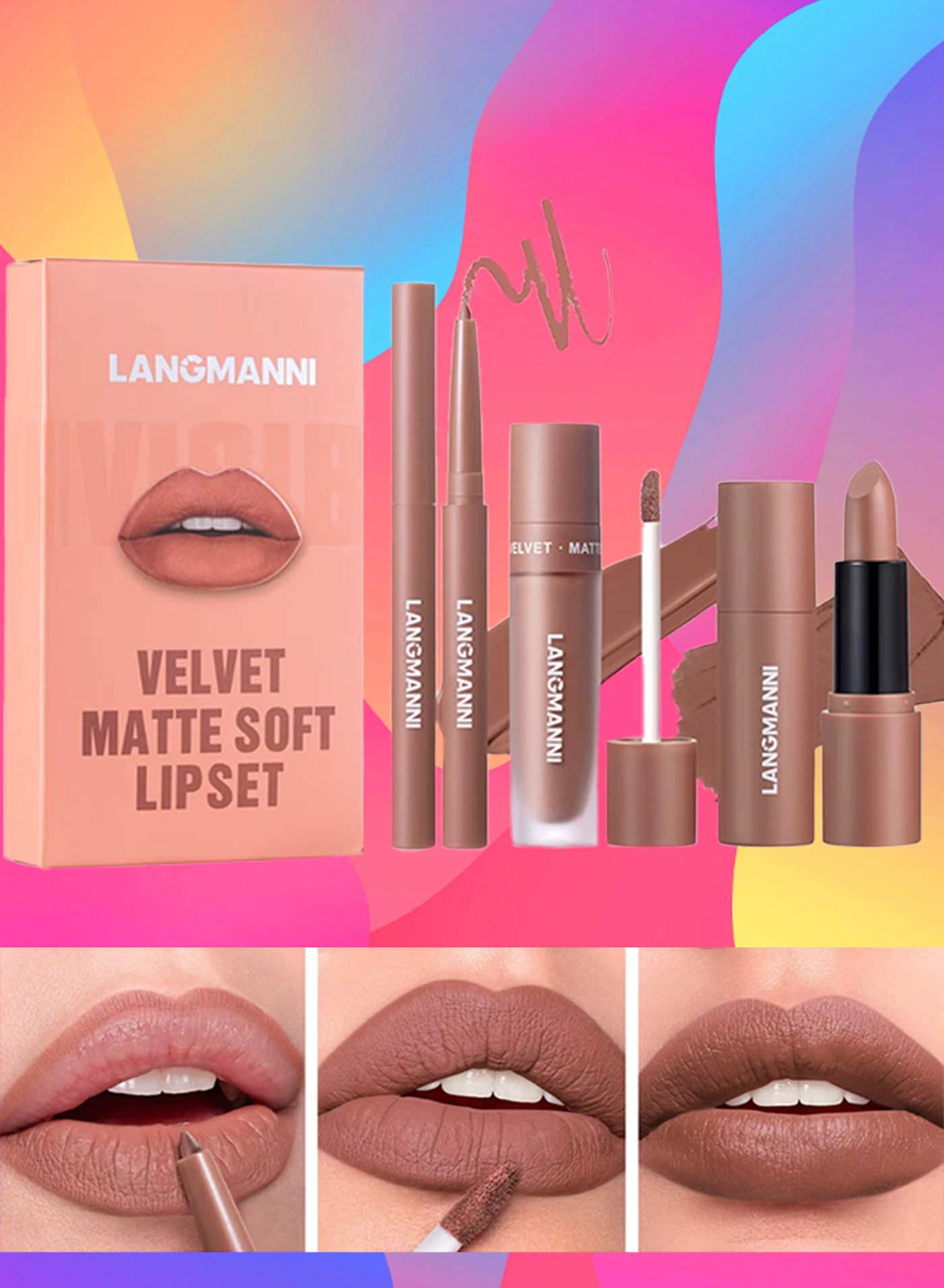 3 in 1 Matte Soft Lip Set Lip Liner Liquid Lip Gloss and Lipstick Combo Set Soft Smooth Natural Lip Contour Set Waterproof and Long Lasting Effect All in One Lip Makeup Gift Set 01