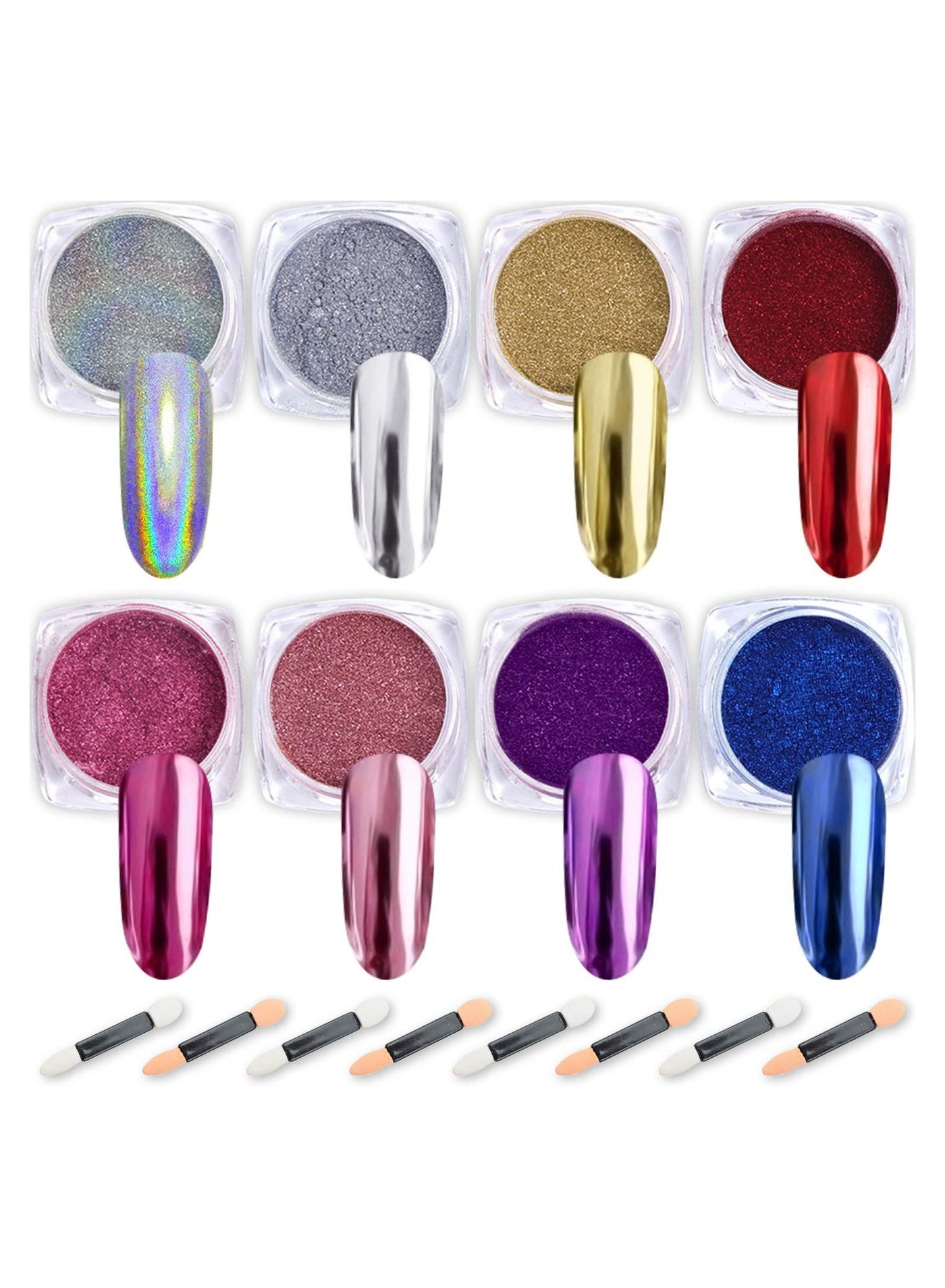 Nail Powder 8 Colors 1g/Jar Holographic Chrome Mirror Laser Synthetic Resin Pigment Manicure Art Pigment Manicure Powder for Nails with 8 Eyeshadow Sticks