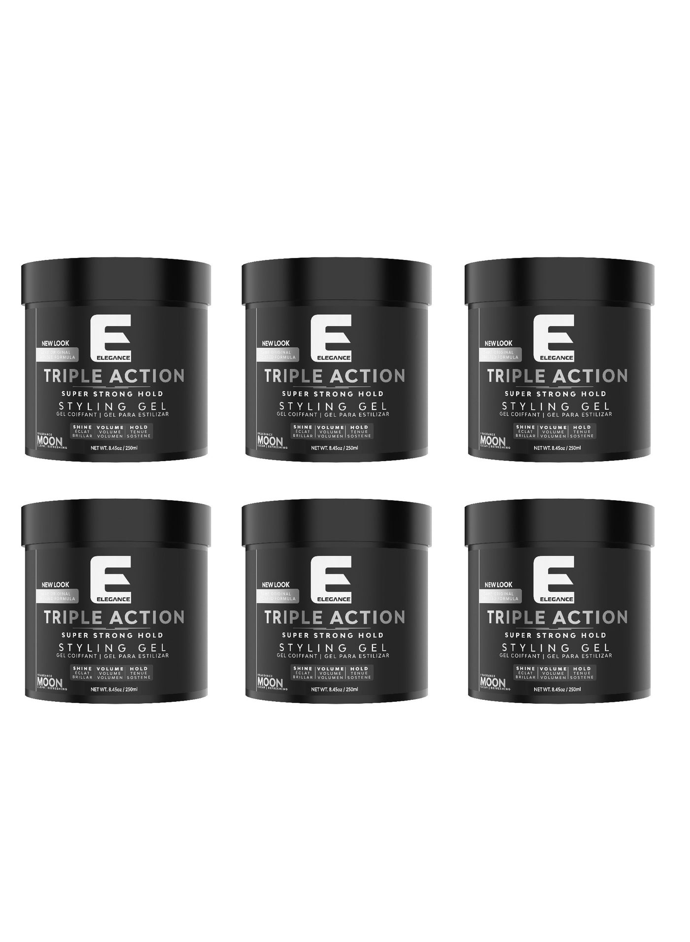 Elegance-E Series Moon Triple Action Styling Gel – 250ml – Pack of 6 | Super Strong Hold, Volume, Shine & Flake-Free Finish