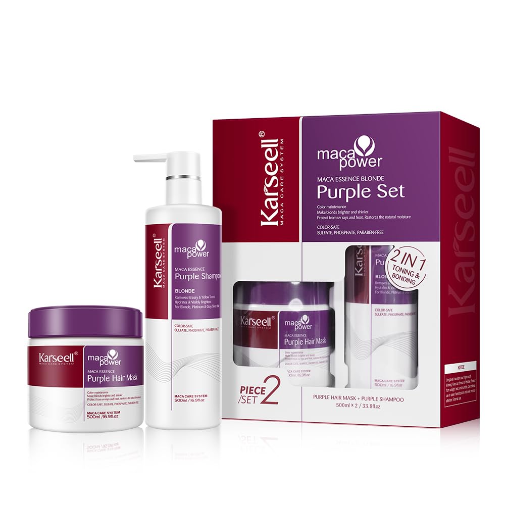 Karseell maca power Purple Hair Mask and Purple Shampoo Set, Neutralizes Brass & Yellow Tones for Blonde, Gray, Silver Color Treated Hair, 2 x 16.9floz