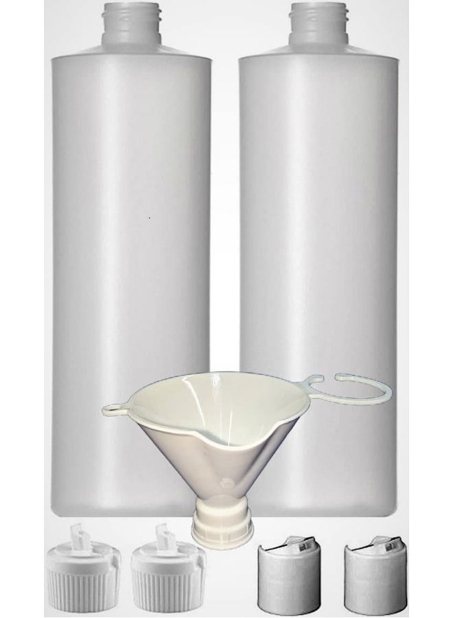 2 Pack Refillable 16 Ounce Plastic Squeeze Bottles With BOTH Press Disc Caps And Flip Up Spout Caps-Natural Translucent Color, Includes Patented Funnel
