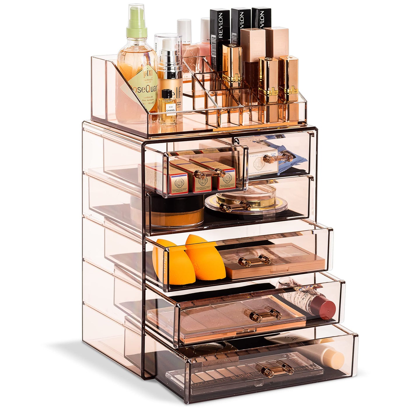 Sorbus Acrylic Makeup Organizer Set, 6-Drawer Vanity & Countertop Cosmetic Storage with Small & Wide Compartments, Bronze Glow Makeup Storage for Brushes, Jewelry â€“ Holiday Gift for Women & Teens