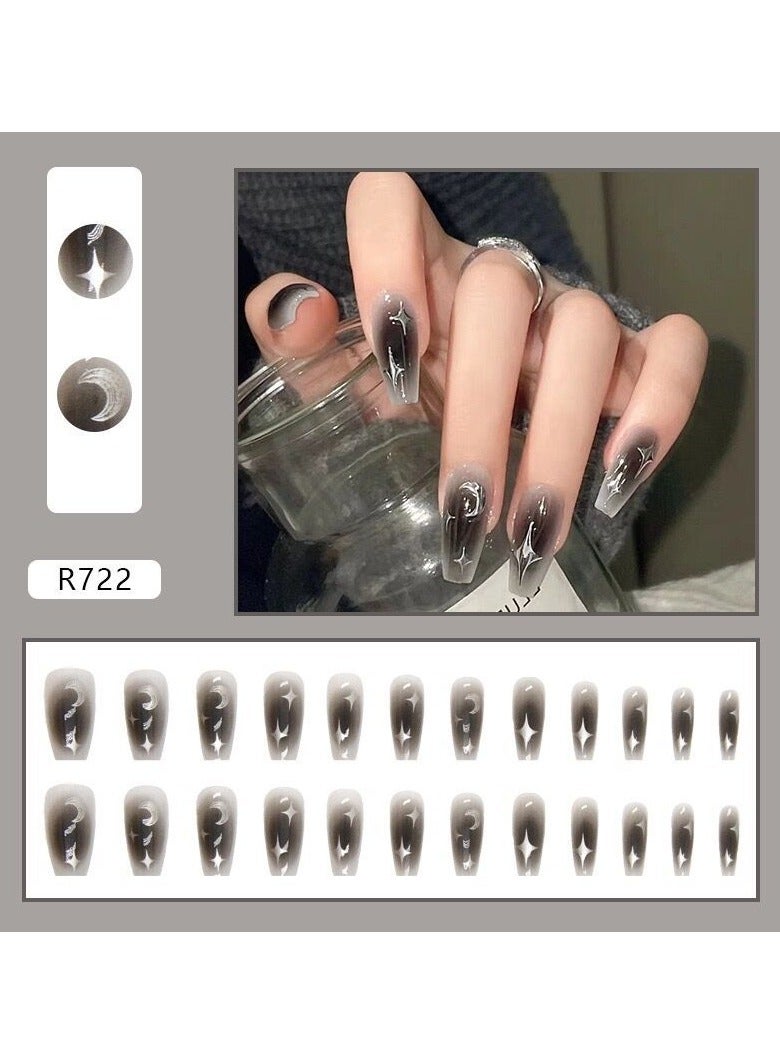 24pcs Fake Nails, Nude Pink Press On Nails With Silver Ripple Design, Glossy Full Cover Medium Almond False Nails For Women And Girls