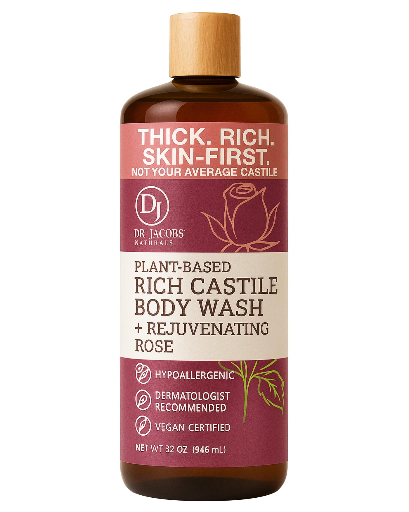 Dr. Jacobs Naturals Pure Castile Soap Liquid Body Wash, Rose - All Natural Body Soap Infused with Vitamin E and Aloe Vera to Moisturize Dry and Sensitive Skin - Made in the USA - 32 oz, Pack of 1